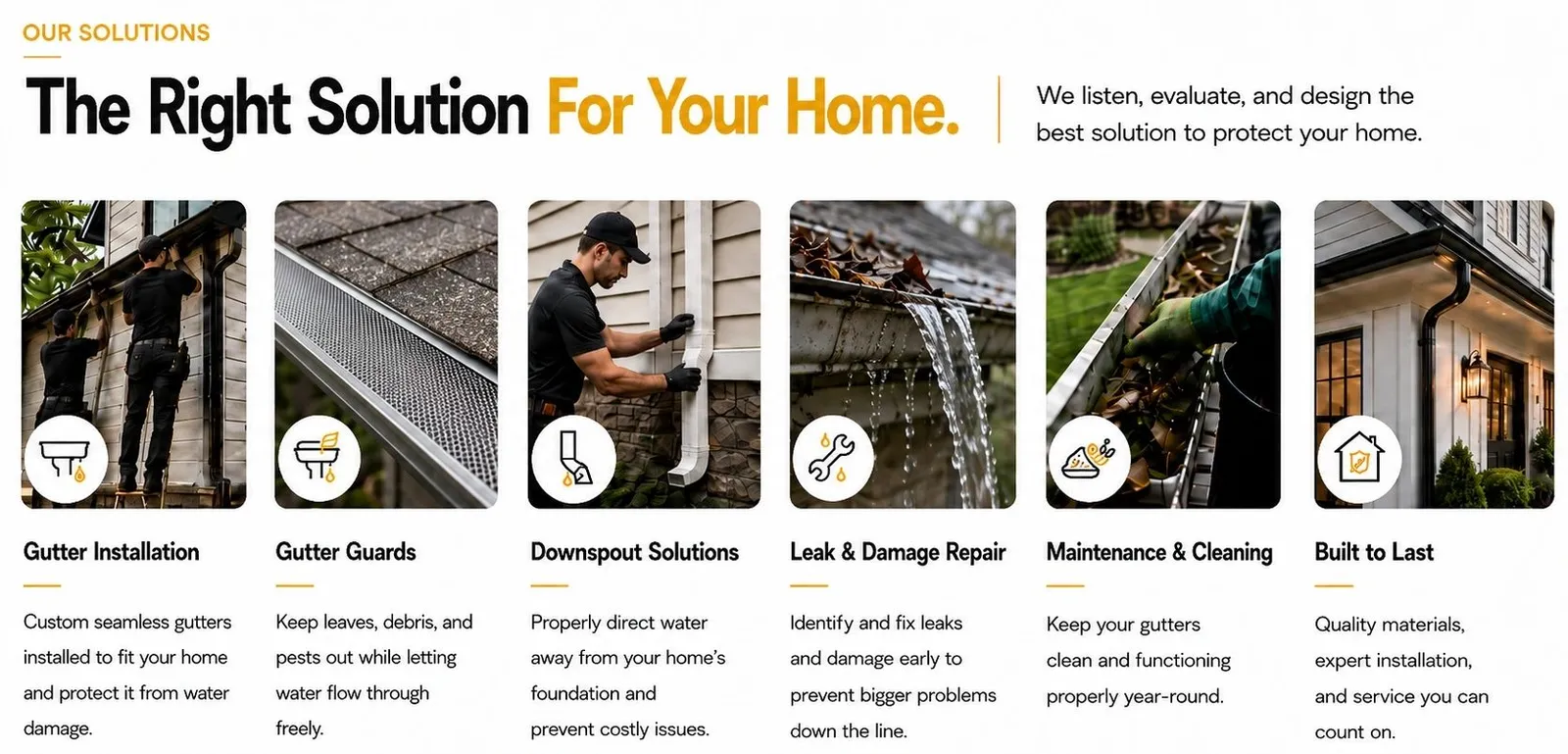 Our solutions: gutter installation, gutter guards, downspouts, leak repair, cleaning, and systems built to last