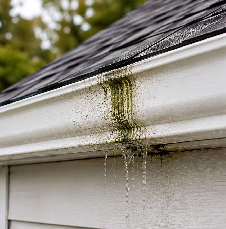 Leaking gutter seam with water damage before a Gutter Barn repair