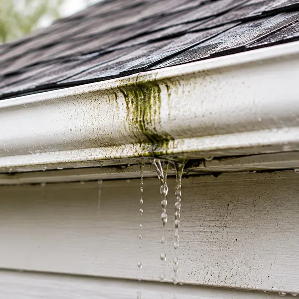 Packed leaves pulled from a clogged gutter, a common cause of leaks and overflow